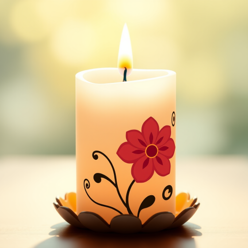 Generate an illustration of a decorative candle with a flower design, using a DSLR camera with a 50mm lens, f/1.8 aperture, ISO 100, soft natural light, and a shallow depth of field for enhanced clarity and vibrancy.