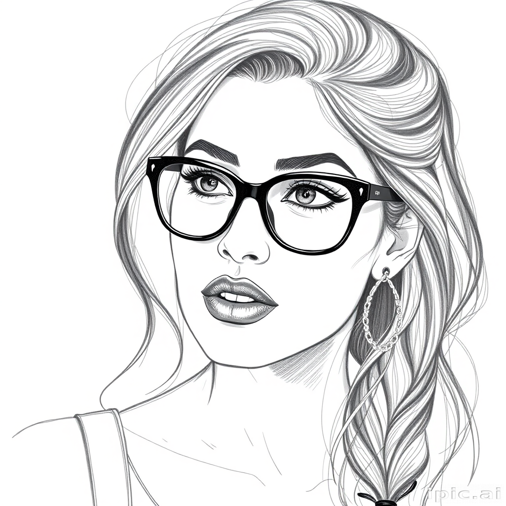 hot mia khalifa, pencil sketch, portrait of beautiful woman 60s in glasses, hair style beatnik, outline, clear lines, fine lines, 8k