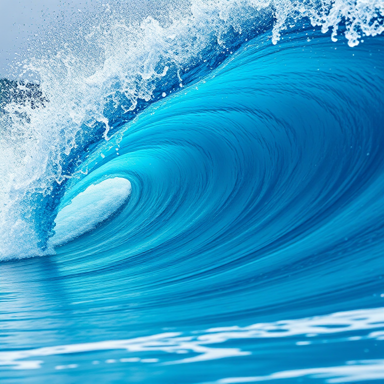 Create an illustration of a vibrant blue wave with dynamic splashes, using a Canon EOS R5 camera, 50mm lens, f/2.8 aperture, ISO 100, 1/500 sec shutter speed, high dynamic range setting, shot from a low angle to capture movement.