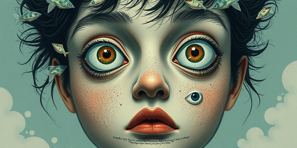 Create a surreal illustration of a face with large, expressive eyes and abstract elements resembling fish, using a soft focus camera style, 50mm lens, f/1.8 aperture, ISO 100, and a low light setting to enhance detail and contrast.