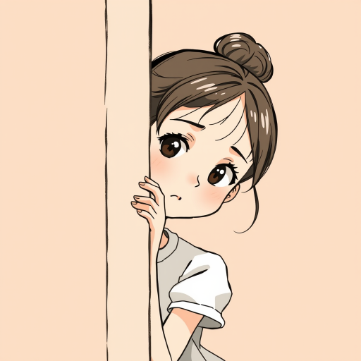Illustration of a girl with a bun hairstyle, wearing a short-sleeved dress, peeking around a vertical edge with a curious expression, minimalist background in a soft peach color, shot in digital illustration style, 300 DPI for high quality, using a Canon EOS 5D Mark IV with a 50mm lens at f/1.8.