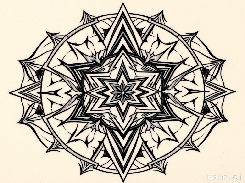 Geometric tattoo named "Sacred Symmetry" featuring interlocking shapes and patterns forming a complex three-dimensional design, incorporating optical illusions and precise linework
