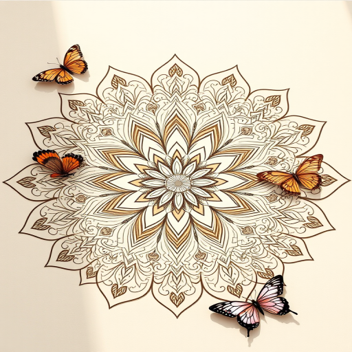 Generate a high-resolution mandala design featuring intricate floral patterns and butterflies on a soft beige background, shot with a DSLR camera at 50mm with an aperture of f/2.8, ISO 100, in natural light to enhance details and contrast.