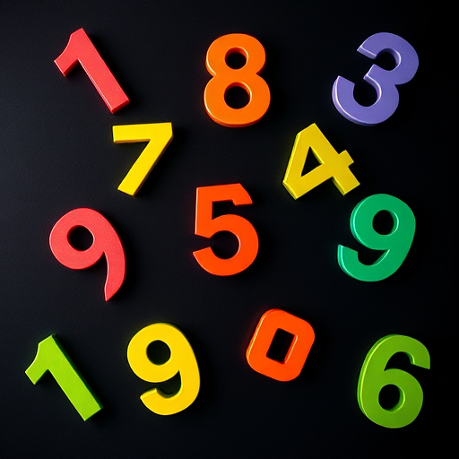 Create a vibrant pattern of colorful numbers 0-9 scattered randomly on a dark background, using a DSLR camera, aperture f/2.8, ISO 100, 50mm lens, shot from a top-down view with a macro style for enhanced detail.