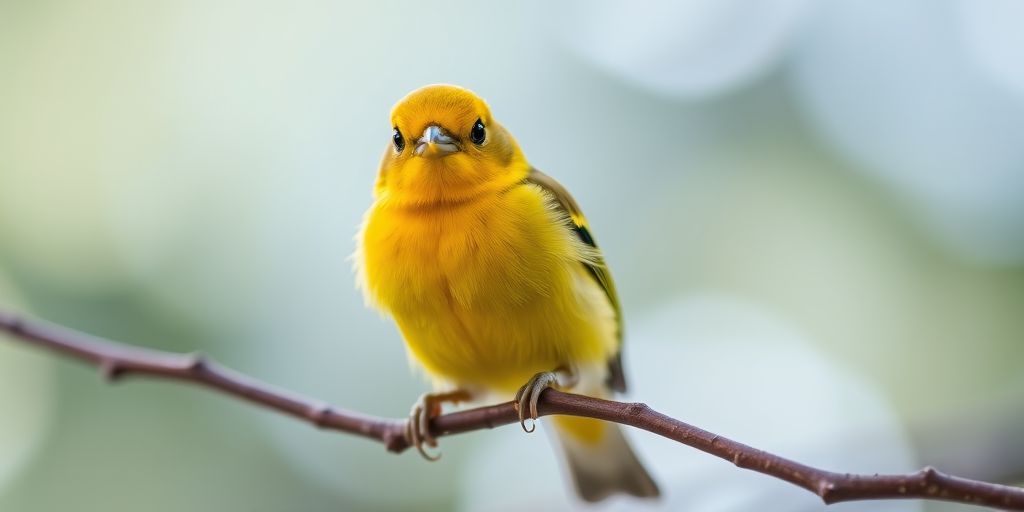 Close-up of a vibrant yellow bird perched on a branch, with soft blurred background, 50mm lens, f/2.8 aperture, ISO 200, natural light, portrait orientation, DSLR camera.