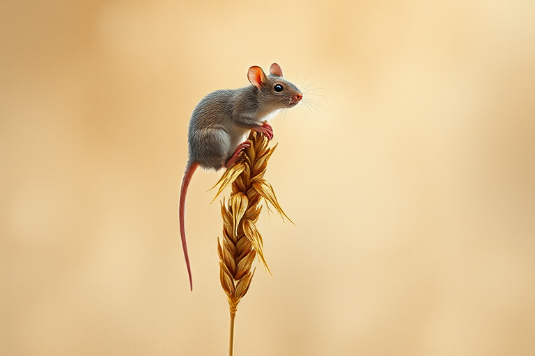 Soft, muted Alcohol Ink with ebru effect background image of tiny whimsical rat, who climbed high on the top of a golden rye ear.