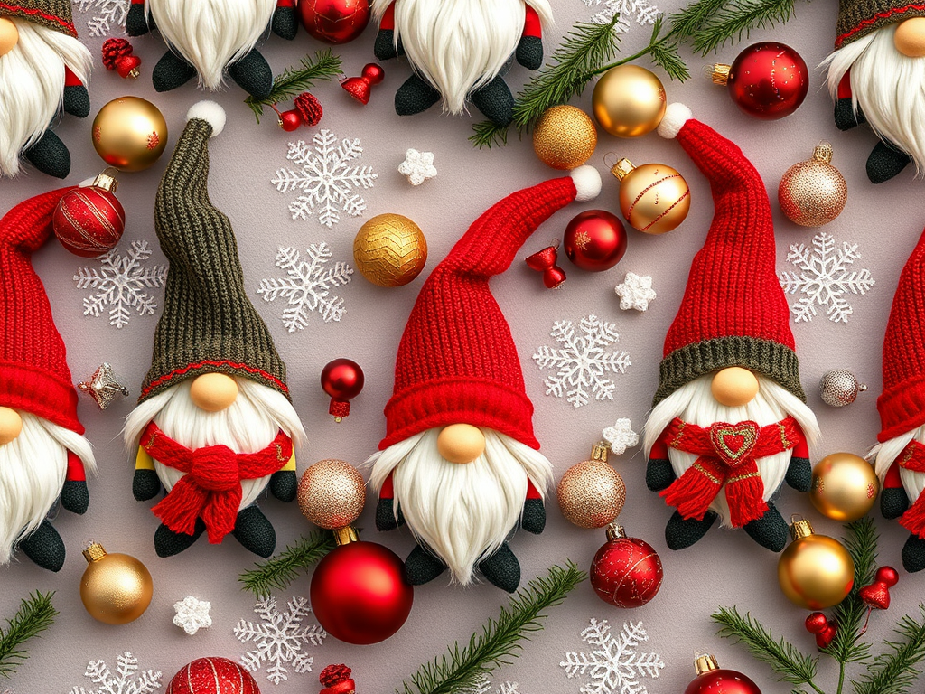 Create a seamless pattern of whimsical Christmas gnomes wearing colorful hats and scarves, surrounded by ornaments and snowflakes, captured with a Canon EOS R5, 50mm f/1.8 lens, aperture set at f/2.8 for enhanced detail, in a flat lay style, sRGB color profile for vibrant hues.