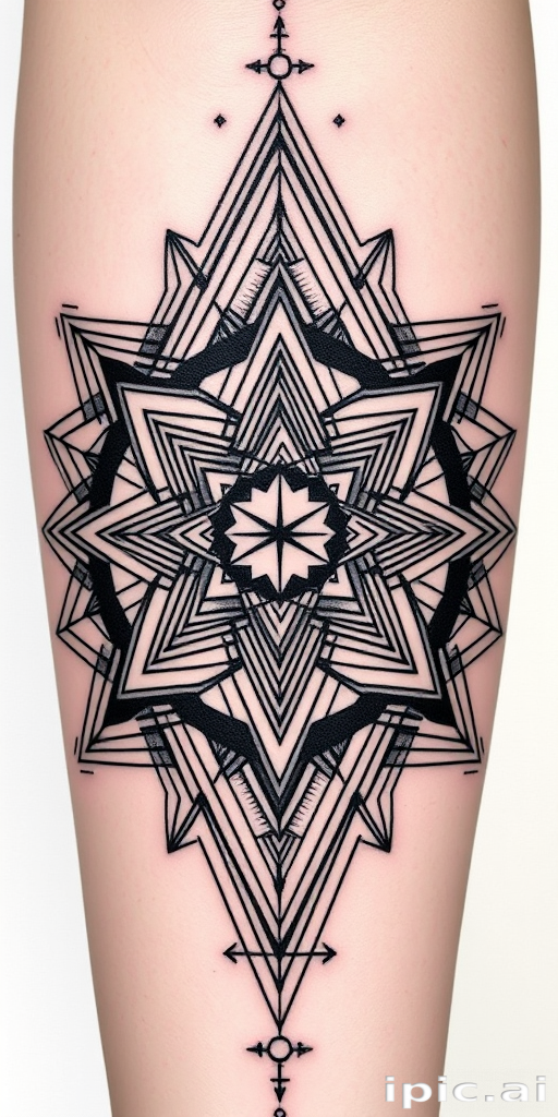Geometric blackwork tattoo titled "Sacred Symmetry" incorporating precise shapes and lines to create three-dimensional optical illusions and mesmerizing patterns across the skin