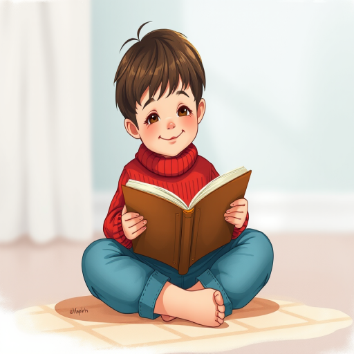 Create an illustration of a young child reading a book, seated cross-legged on the floor, wearing a cozy red sweater and blue pants, with a smiling expression, in high resolution, with a soft focus background and vibrant colors to enhance the whimsical feel, shot with a Canon EOS R5, 50mm lens at f/1.8, natural light, 1/125s shutter speed.