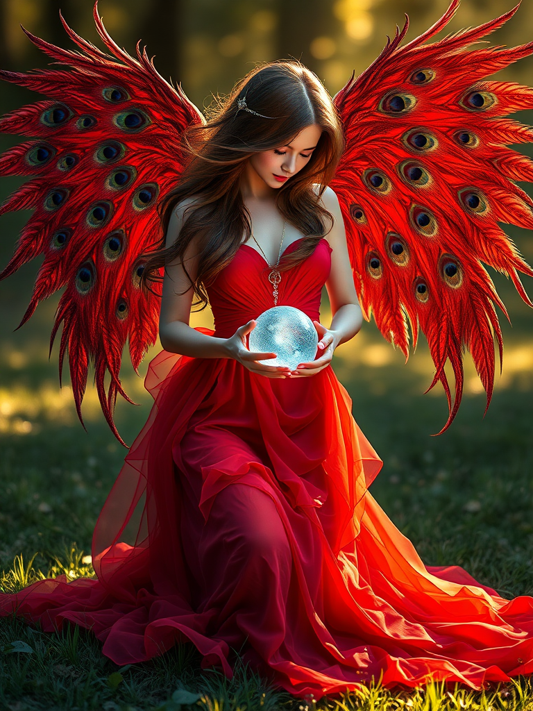 Generate a high-resolution digital artwork of a female figure in a flowing red dress, kneeling gracefully with long, flowing hair, holding a crystal ball, featuring intricate peacock feather wings, shot with a DSLR camera at f/1.8 aperture, ISO 100, 50mm lens, in soft natural lighting with a shallow depth of field to enhance details and create a dreamy background.