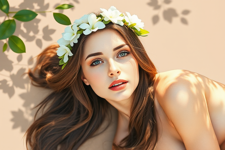 create a watercolor painting of an ethereal portrait of beautiful Turkish woman with a simple white flower crown on her head. Her hair is long and she is lying on the ground. The sunlight on the trees casts shadows from the leaves on her face and body. The background is a neutral brown color that matches her skin tone. The image is minimalist and solid colors. This style is characterized by soft, delicate brushstrokes and a light, airy, contrasting color palette. High level of detail and play of light