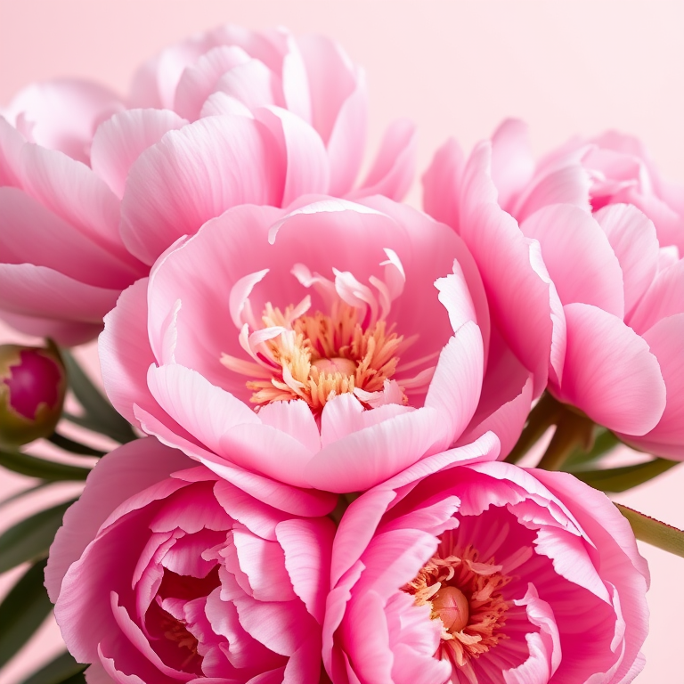 Create a high-resolution botanical illustration of pink peonies with intricate details, soft pastel background, shot with a DSLR camera at f/2.8, 50mm lens, ISO 100, soft natural lighting, close-up view for enhanced texture and depth.