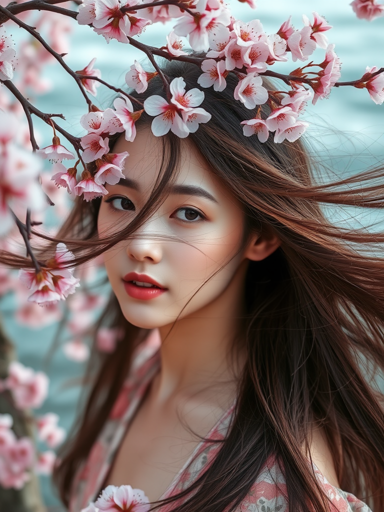 Regenerate a high-quality image of a woman with flowing hair adorned with cherry blossoms and waves in the background, using a Canon EOS R5 camera, 50mm lens at f/1.8, ISO 100, natural lighting, portrait view, in a soft art style.