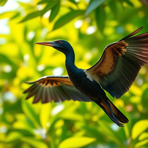 High-resolution close-up of an anhinga with wings spread, vibrant green foliage in the background, sunlight filtering through leaves, shallow depth of field, ISO 200, f/4, 1/800s, 200mm lens, DSLR camera.