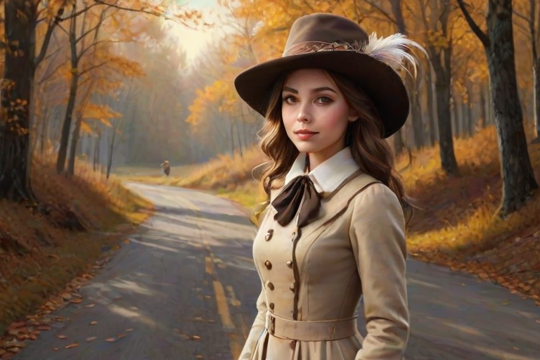 digital art fantasy depicting a strange girl with brown hair, long eyelashes, white lipstick and a tall hat walking along a winding road on an autumn afternoon, an Finch smiles as she passes