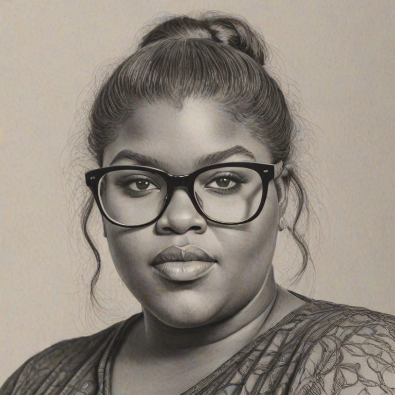 Alluring Gabourey Sidibe, pencil sketch, portrait of Alluring woman 1974s in glasses, hair style beatnik, outline, clear lines, fine lines, 8k