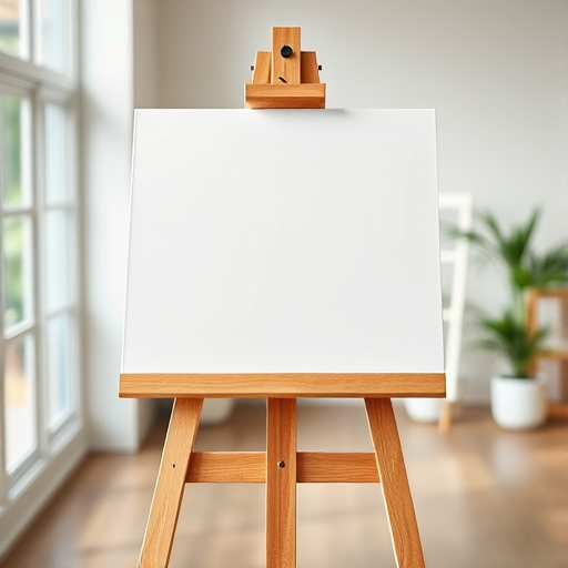 Create an image of a wooden easel with a blank canvas, captured in a bright indoor setting using a DSLR camera with a 50mm lens, f/2.8 aperture, ISO 100, 1/100s shutter speed, top-down view, natural lighting, and a shallow depth of field for enhanced clarity and focus.