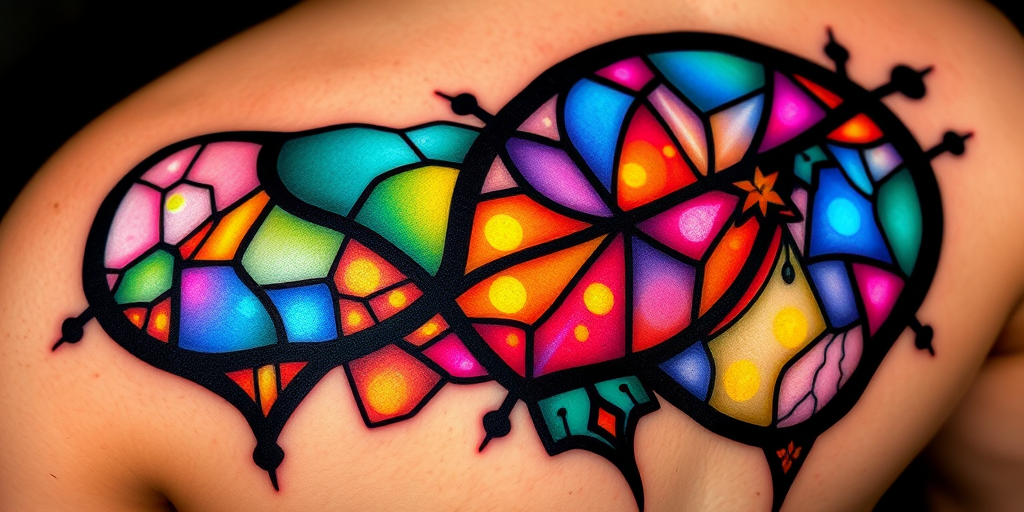 Stained glass tattoo titled "Luminous Fragments" featuring bold black outlines filled with vibrant translucent colors mimicking the look of stained glass windows with intricate details and a play of light and shadow
