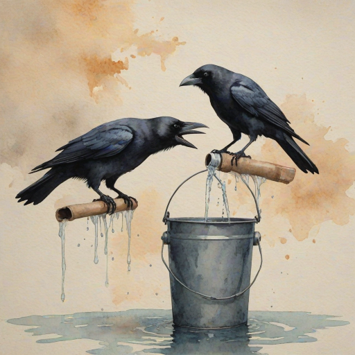 Create a watercolor painting of the silhouette of crows drinking water from a bucket, with muted colors and a textured background.