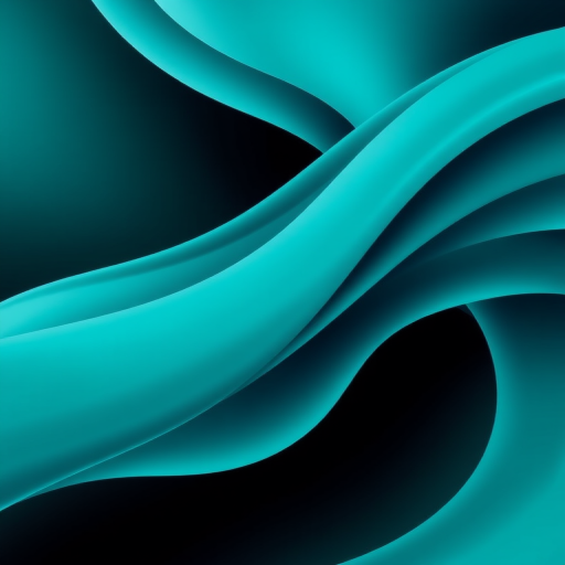 Create an abstract image with smooth, flowing teal and black waves, gentle gradients, and a sleek modern design, using a DSLR camera with a 50mm lens, f/1.8 aperture, ISO 100, and a slight motion blur effect to enhance depth.