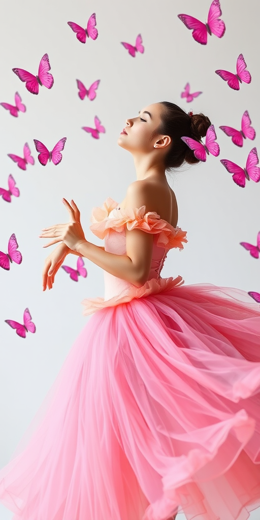 A graceful ballerina in a flowing pink and orange tutu, surrounded by fluttering pink butterflies, set against a soft white background, captured with a DSLR camera at f/1.8, ISO 100, shutter speed 1/200s, portrait mode, natural lighting for enhanced texture and colors.