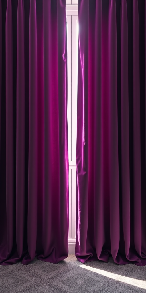 Create an image of luxurious purple velvet curtains in soft natural light, using a Canon EOS R5 with a 50mm lens at f/1.8, ISO 100, 1/125 sec, shot from a frontal view to highlight the texture and depth.