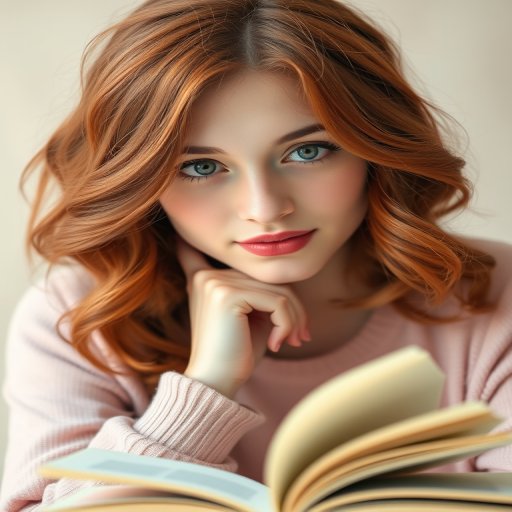 A young woman with wavy red hair, resting her chin on her hand while reading a book, soft pastel background, 50mm lens, f/1.8 aperture, natural light, portrait style, DSLR camera.