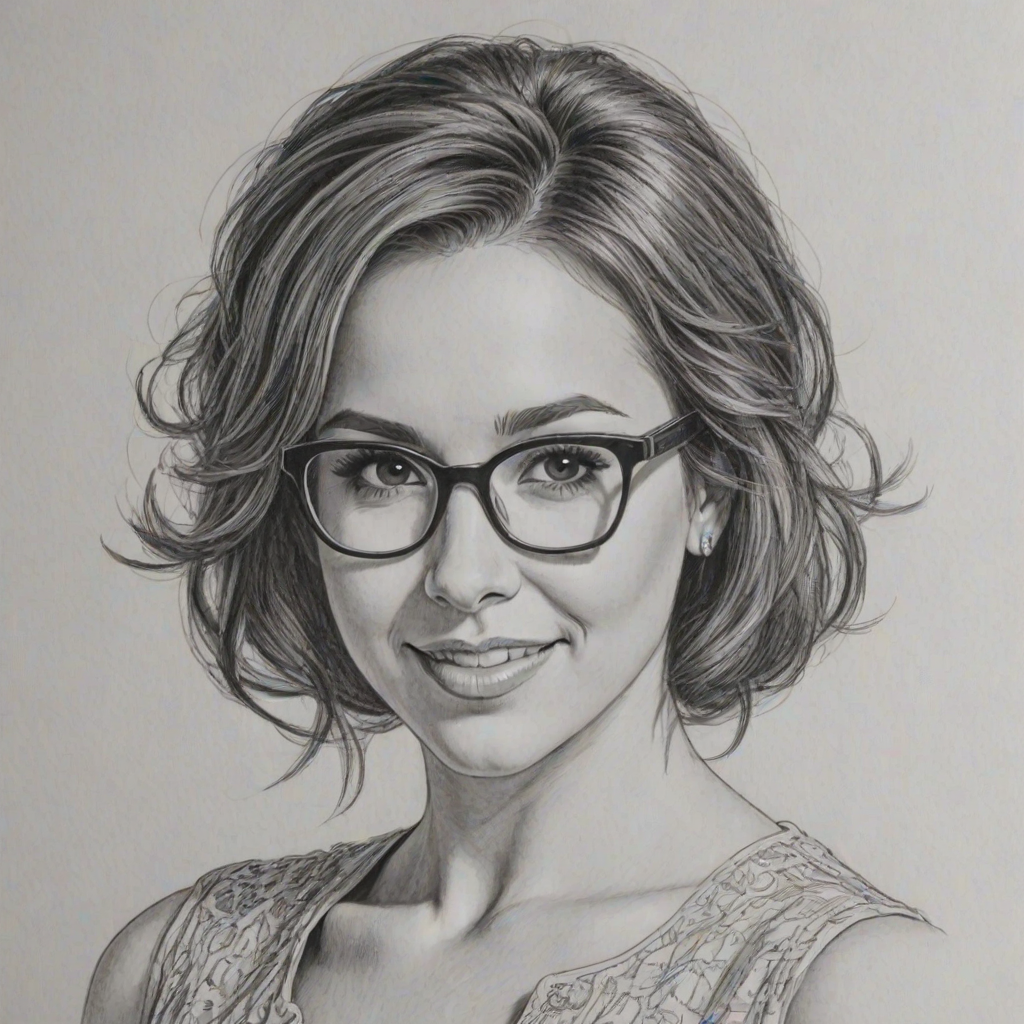 Enticing Lacey Chabert, pencil sketch, portrait of Comely woman 1963s in glasses, hair style beatnik, outline, clear lines, fine lines, 8k
