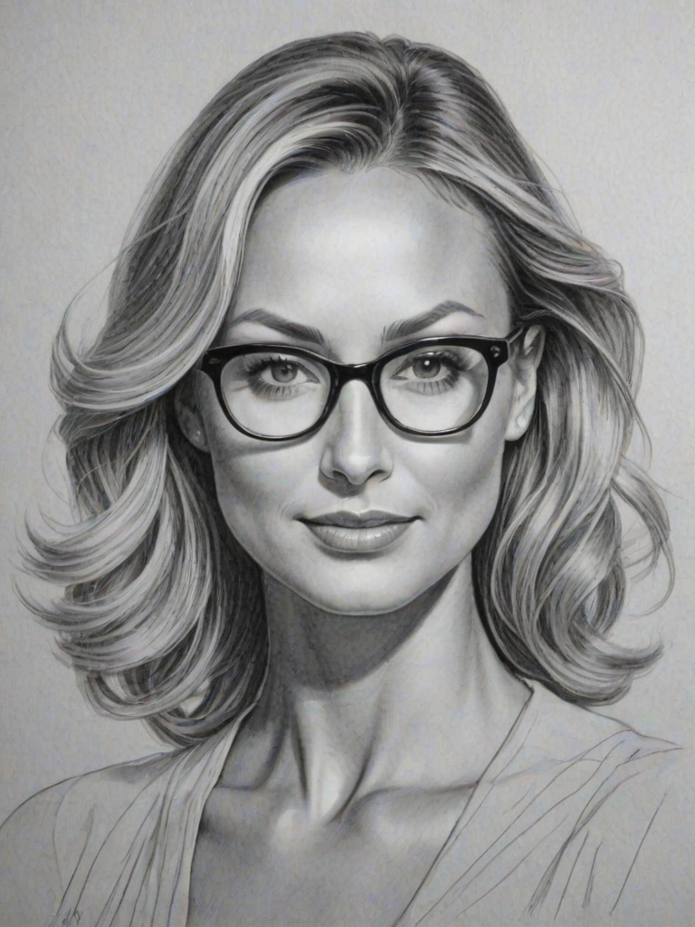 Fetching Stacy Keibler, pencil sketch, portrait of Gorgeous woman 1939s in glasses, hair style beatnik, outline, clear lines, fine lines, 8k