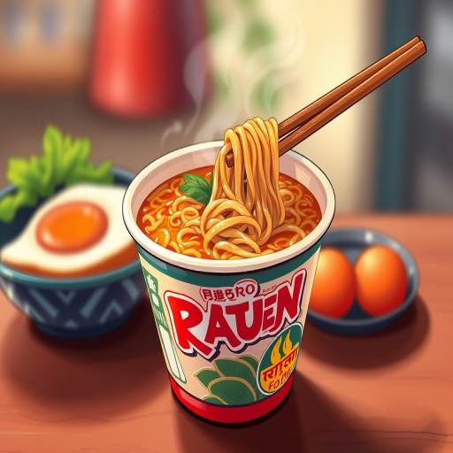 Create a highly detailed illustration of a cup of ramen noodles with vibrant colors and smooth textures, using a DSLR camera with a 50mm lens, f/2.8 aperture, ISO 100, and a shallow depth of field to emphasize the cup and create a blurred background.