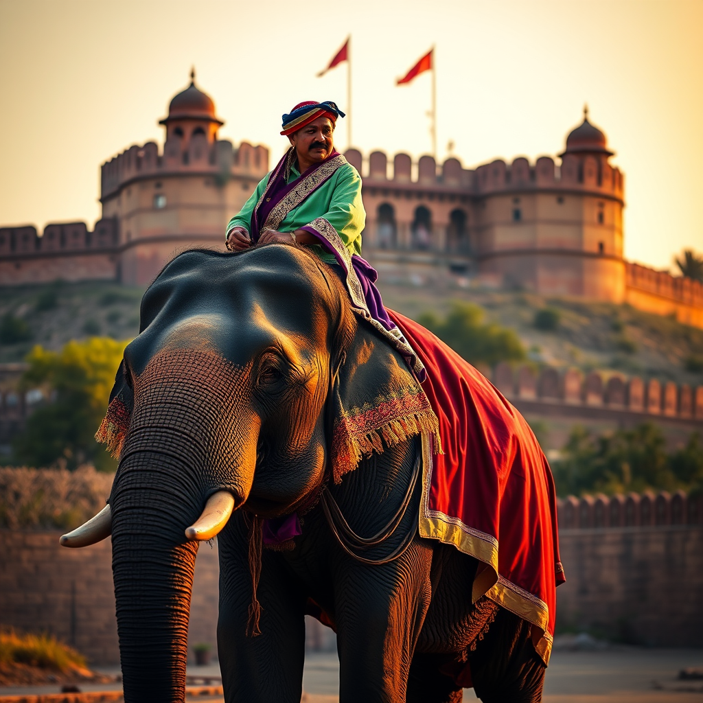 regenerate the image of an elephant carrying a rider in traditional attire, in front of a historic fort, captured in vibrant colors with a DSLR camera, f/2.8 aperture, ISO 100, at 24mm focal length, golden hour lighting for soft shadows and enhanced detail.