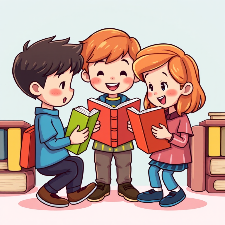 Create a high-quality illustration of three cartoon book characters exchanging books in a circular motion, using a vibrant color palette, with a digital art style, captured from a front view, ensuring a crisp and clear image quality at 300 DPI resolution.