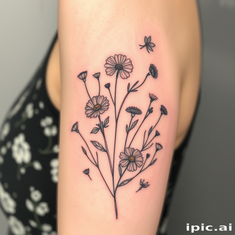 Delicate fine line tattoo showcasing a detailed botanical illustration of wildflowers and herbs, thin precise strokes creating realistic petals and leaves, soft muted colors for a vintage-inspired look