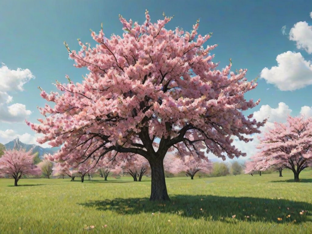 generate a digital illustration of a lush cherry blossom tree in full bloom with vibrant pink flowers, set against a soft blue sky and gentle green grass underneath