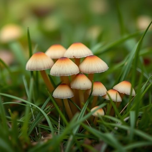 Regenerate the image of small beige mushrooms clustered together in green grass with a shallow depth of field, taken with a Canon EOS 5D Mark IV, 50mm lens, f/2.8 aperture, ISO 100, natural daylight.
