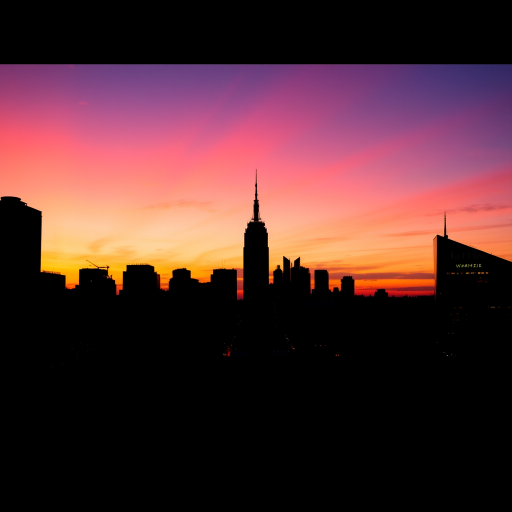 Generate an image of a stylized black silhouette of a city skyline at sunset with vibrant orange and purple hues, using a Canon EOS R5 camera with a 50mm f/1.2 lens, ISO 100, aperture f/11, shutter speed 1/125s, capturing a panoramic view for a high-quality, detailed representation.