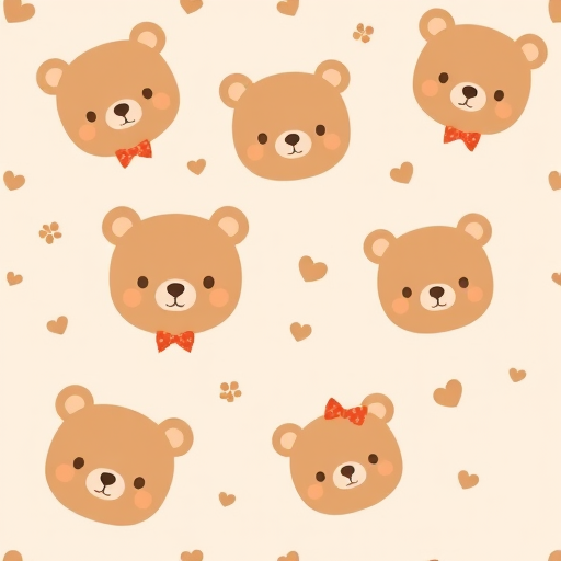Cute pattern featuring cartoon bear faces in soft brown tones with small bows scattered on a light beige background. The bears have simple facial features and a friendly expression, creating a whimsical and adorable design.