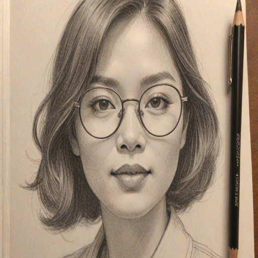 Charming Cathy Ang, pencil sketch, portrait of Wonderful woman 1921s in glasses, hair style beatnik, outline, clear lines, fine lines, 8k