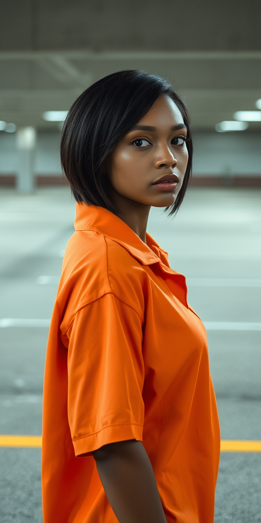realistic image of a black haired woman, in an empty parking lot wearing  a orange shirt