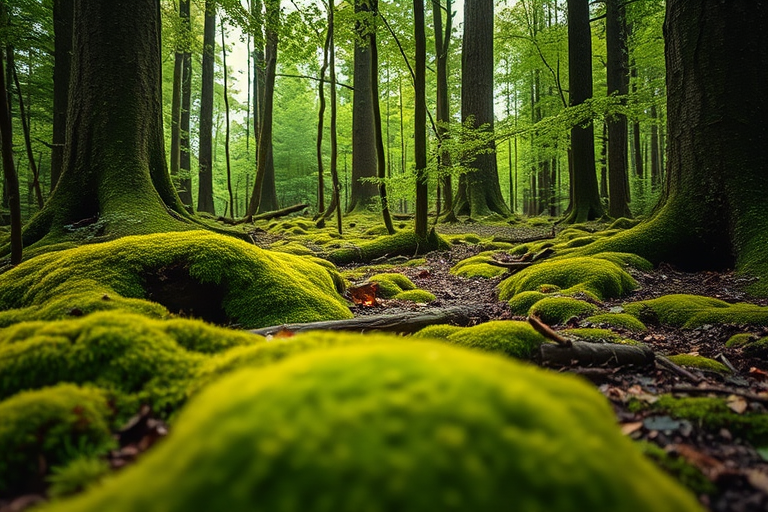 regenerate a lush forest scene with a focus on vibrant moss-covered ground and trees, using a Canon EOS R5, f/8 aperture, ISO 200, 24mm lens, wide-angle view, natural lighting for enhanced clarity and depth