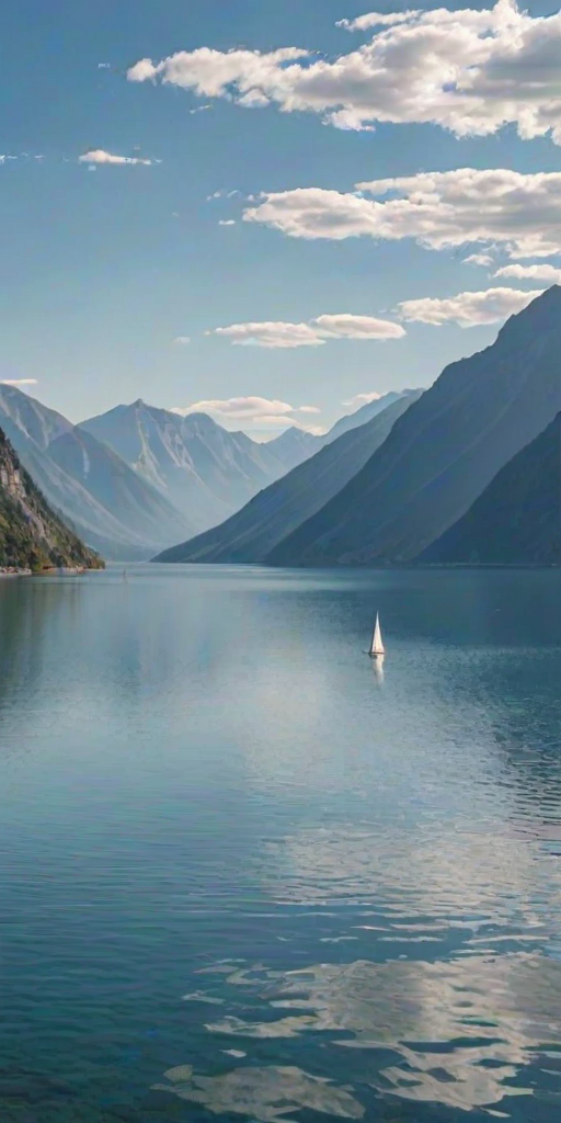 a serene landscape featuring a calm lake with multiple sailboats, distant mountains under a clear blue sky, soft clouds and gentle sunlight illuminating the scene