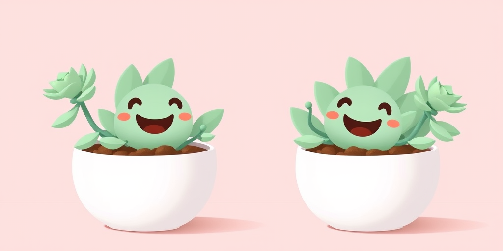 Generate a cute cartoon style image of two happy succulent plants in white pots on a light pink background, using a digital camera with a 50mm lens at f/2.8, ISO 100, and a soft focus effect for enhanced quality.