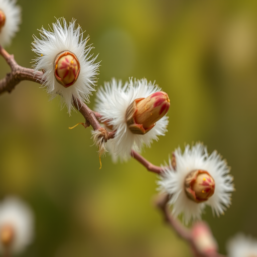 capture a close-up of soft, fluffy willow catkins in spring with bright yellow pollen, a blurred natural background, using a DSLR camera, 50mm lens, aperture f/2.8, ISO 100, and a shallow depth of field to enhance detail and vibrancy