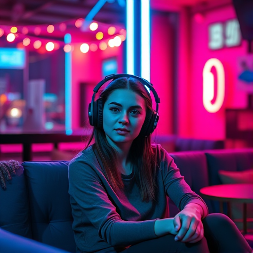 a young woman with headphones sitting on a couch in a dimly lit room with neon lights, vibrant blue and pink hues, 50mm lens, aperture f/1.8, ISO 100, shallow depth of field, captured with a DSLR camera in a vibrant urban setting