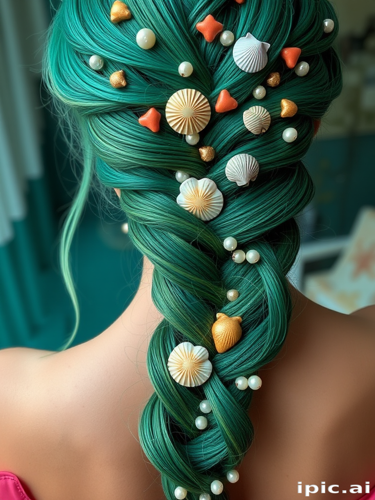 Emerald green mermaid braid adorned with pearls and seashells, Coral's hair cascades down in an intricate plait, showcasing vibrant hues and oceanic accents that evoke undersea beauty