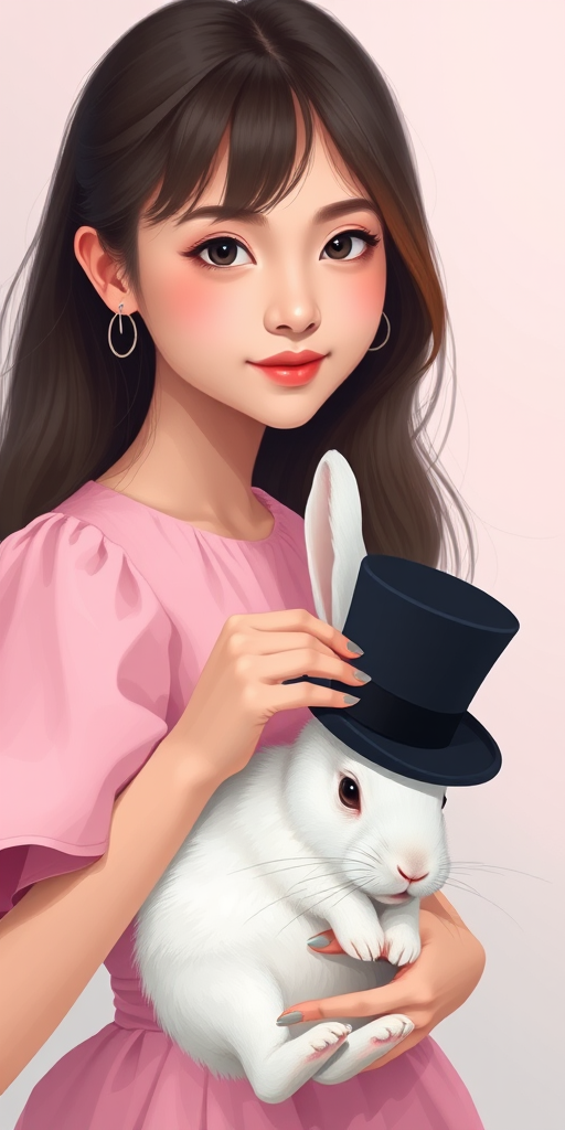 Create a digital illustration of a young woman in a pink dress holding a white rabbit wearing a top hat, set against a soft gradient background, using a Canon EOS R5 camera with a 50mm lens, f/1.8 aperture, 1/200 sec shutter speed, and ISO 200 for enhanced quality and detail.