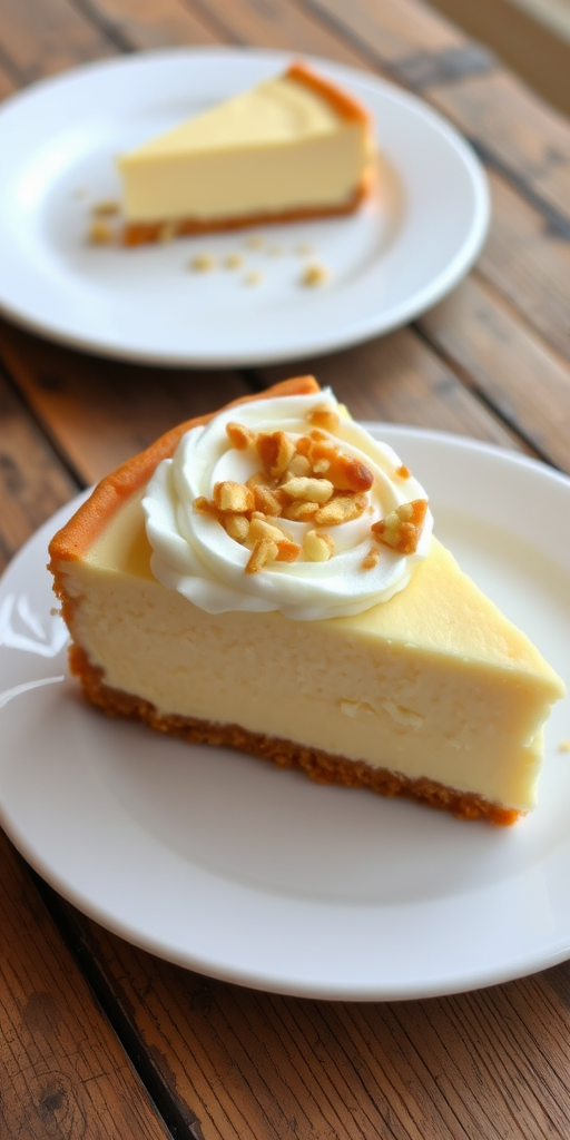 A slice of creamy cheesecake topped with whipped cream and sprinkled with chopped nuts on a white plate, sitting on a rustic wooden table with another plate in the background.