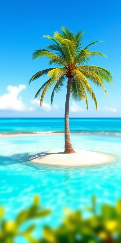 Create a vibrant digital illustration of a palm tree on a small island with a serene blue sea and a clear sky, using a 50mm lens, f/8 aperture, ISO 100, and a shallow depth of field to emphasize the palm tree, with a bright and cheerful color palette.