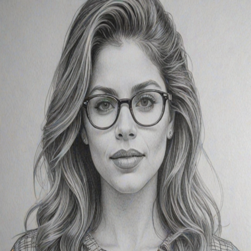 Superb Danielle Fishel, pencil sketch, portrait of Lovely woman 1980s in glasses, hair style beatnik, outline, clear lines, fine lines, 8k
