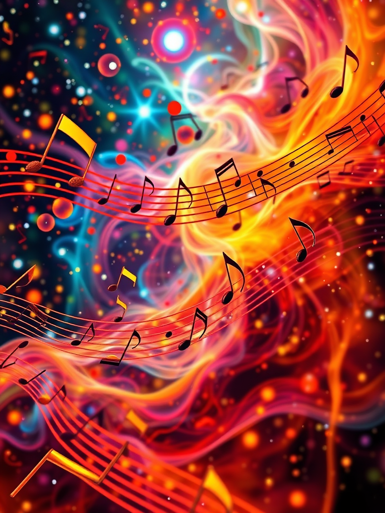 Create a vibrant abstract image of musical notes flowing seamlessly with a cosmic theme, using a DSLR camera with a 50mm lens, aperture f/1.8, ISO 100, shutter speed 1/200s, in a high contrast and saturated color style.